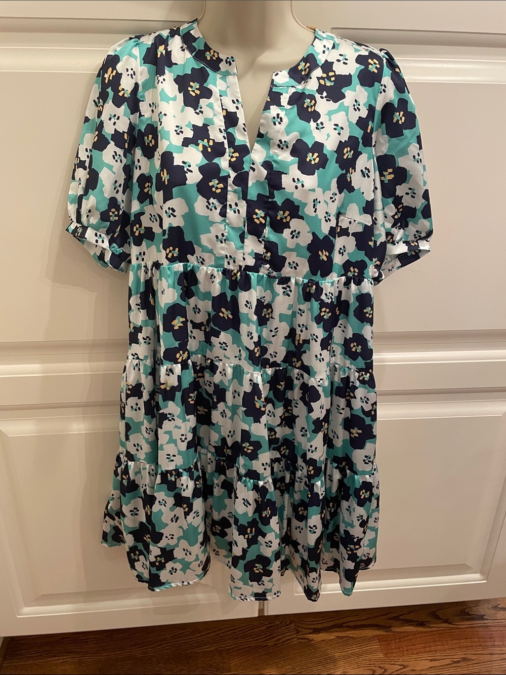 Joy Joy blue and green floral tiered dress sz M